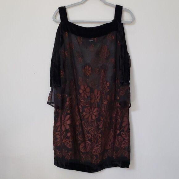 ASOS Dress Womens Large Velvet Burnout Floral Sheer Mini Black Brown - Picture 1 of 6